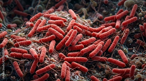 Microscopic 3D illustration of red rod-shaped bacteria salmonella or e. coli pathogens on surface
