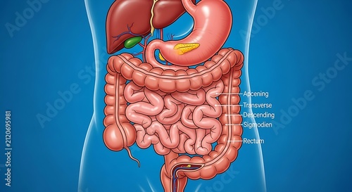 Detailed Human Digestive System Anatomy Displayed on Blue Medical Background