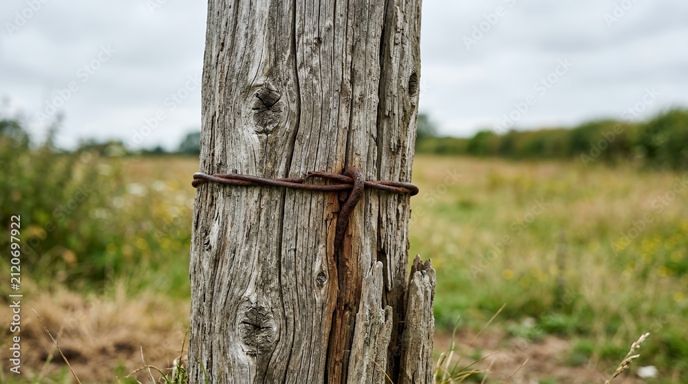 Fototapeta premium Weathered Wooden Post with Rusty Wire in Rural Field.