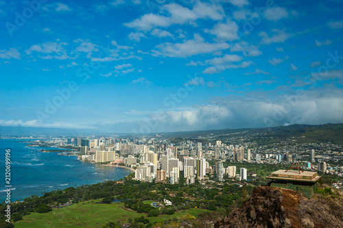 Panorama of Waikiki coastline as seen from the Diamond Head volcano