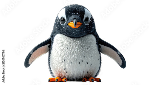 A cute, fluffy, cartoon-style penguin stands against a black background with its wings spread slightly.