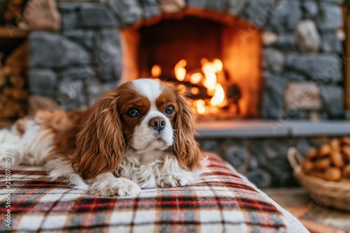 Dog cavalier spaniel puppy resting on a cozy warm blanket by a rustic fireplace