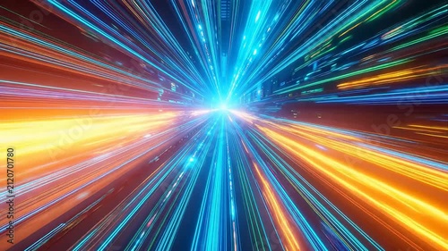 Abstract digital light trails in blue and orange hues, representing speed and data transmission