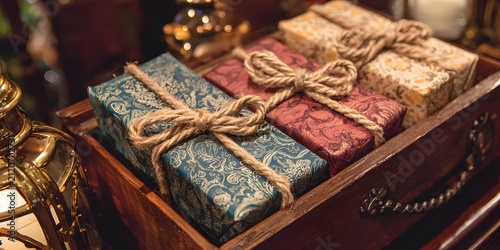 Wrapped gift boxes in rustic paper rest inside a wooden box with twine bows and festive holiday atmosphere.