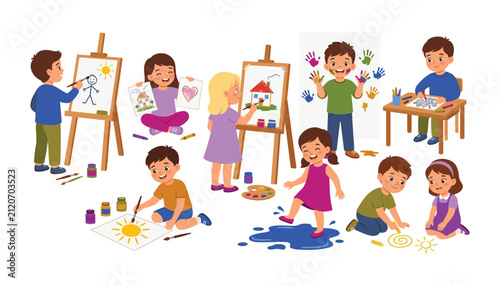 Cute creative kids painting and drawing characters set with art easels canvases colors chalk and hand prints flat vector