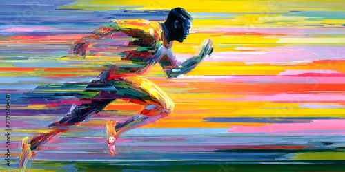 A colorful abstract painting captures the dynamic energy of a runner moving forward in a burst of motion.