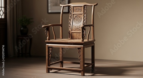 Ornate Antique Wooden Armchair Standing in Warm Minimal Interior