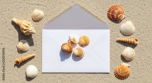 White Open Envelope with Seashells Arranged on Sandy Beach Surface