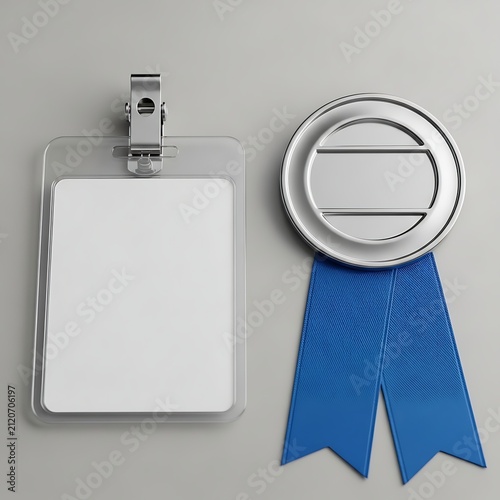 Blank Clear Id Badge and Blue Award Ribbon on Gray Background