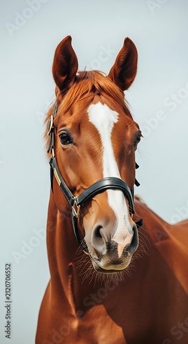 Chestnut Horse Wearing Black Bridle Standing Against Clear Sky