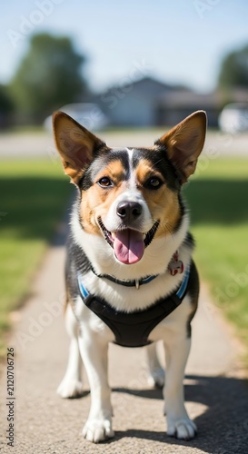 Happy Tricolor Corgi Dog Standing on Sunny Suburban Sidewalk