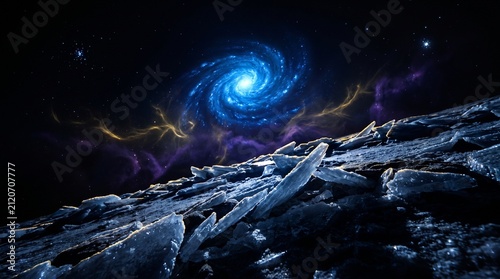 An immersive, ground-level perspective that places the viewer within a field of space debris, emphasizing the gargantuan scale of the galaxy looming above.