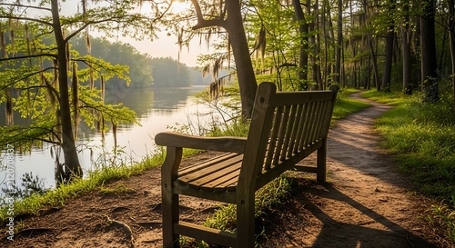 Empty Wooden Bench Overlooking Calm Lake on Sunlit Forest Path
