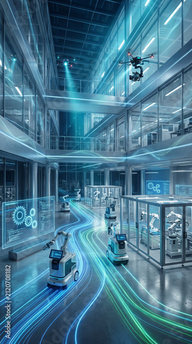 Futuristic Robotics in Advanced Smart Factory with AI-Powered Drones and Automated Systems in Modern Industrial Setting
