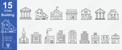 Building web icons in line style, Apartments, hotels, hospitals, towns, cities, malls, coffee shops, and collections. stroke that can be edited. vector drawing.