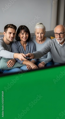 Happy Multigenerational Family Watching Television Together on Living Room Sofa