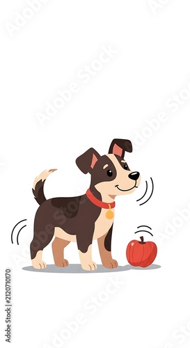 Cute Brown Puppy Standing Beside Red Ball on White Background