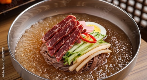 Chilled Korean Buckwheat Noodles Served with Sliced Beef in Metal Bowl