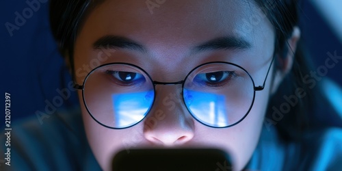 Asian woman using smartphone at night. Young person looking at screen with blue light reflection.