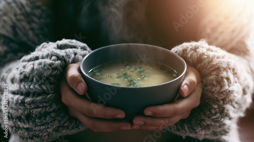 Person holding a hot bowl of soup. Cozy hands warming with steaming vegetable broth.