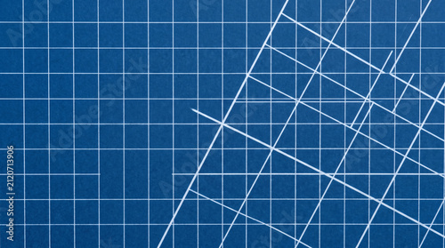 Blue technical drawing blueprint grid with white geometric lines