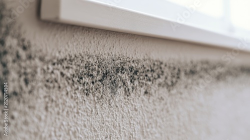 Black mold growing on a damp wall. Fungal spores spreading on a home interior surface.