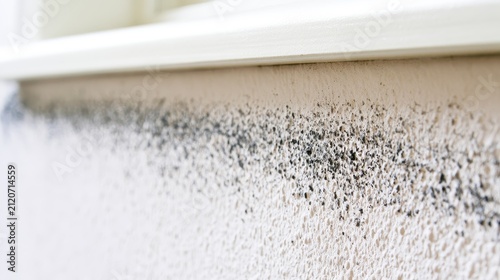Black mold growing on a damp wall. Fungal growth on interior home surfaces near window.