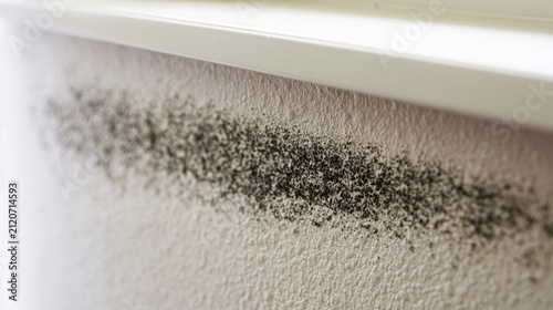 Black mold growing on a damp wall. Fungal spores and moisture damage on a home interior surface.