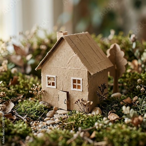 Miniature cardboard house nestled in mossy garden setting.