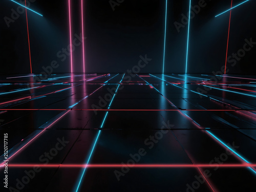 Laser beam dance floor with intersecting neon lines, futuristic club lighting