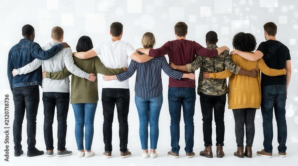 Obraz premium Rearview of diverse people hugging each other in unity