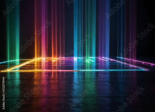 Rainbow spectrum LED runway floor with soft volumetric light beams, modern concert stage design