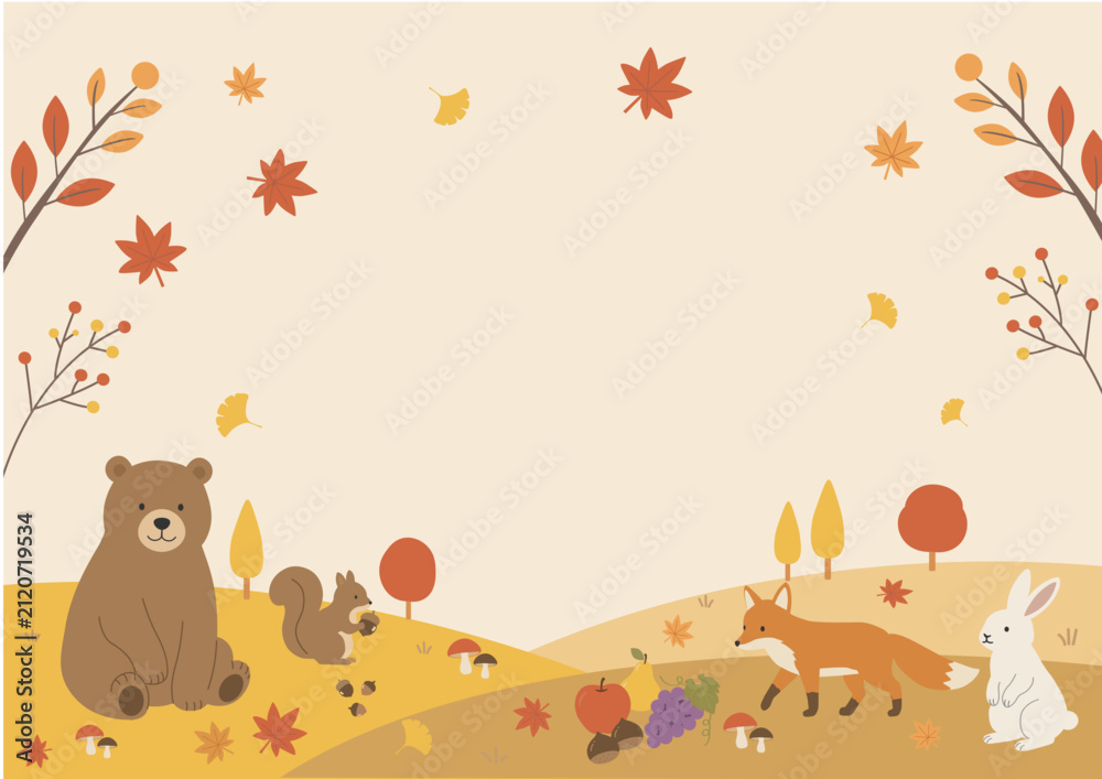 Fototapeta premium 秋素材 秋のバナー イラスト シンプル フラットデザイン 森の動物と秋の風景と秋の果物 
