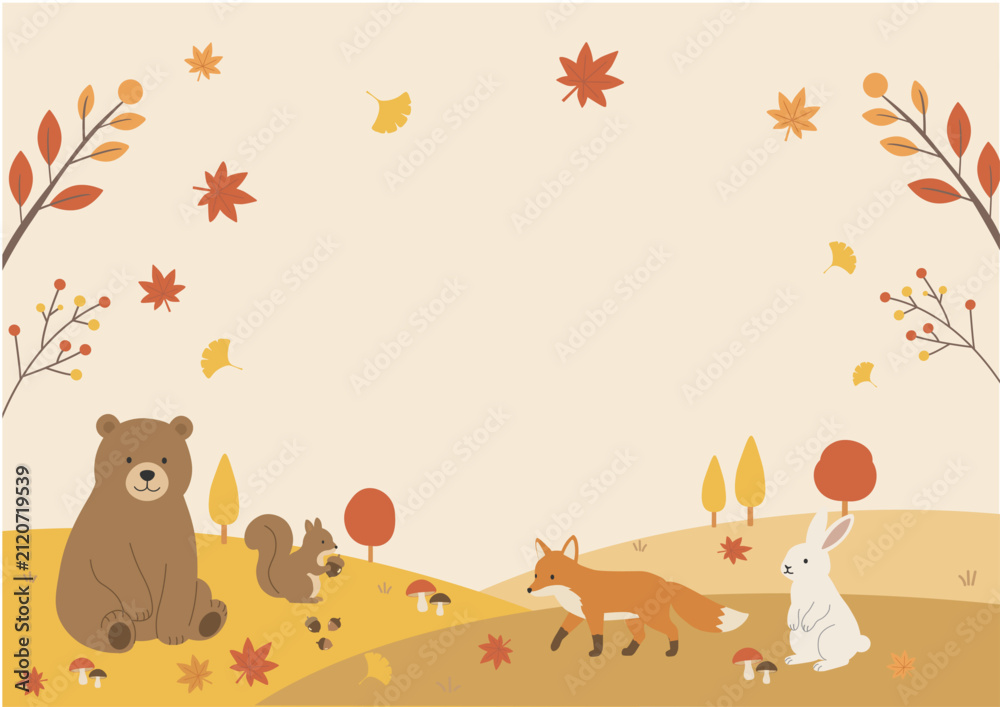 Fototapeta premium 秋素材 秋のバナー イラスト シンプル フラットデザイン 森の動物と秋の風景と秋の果物 