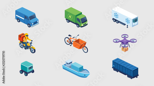 Isometric Delivery Icons Set: Truck, Motorcycle, Drone, Robot, Cargo Ship, Train, Cargo Bike, Refrigerated Truck