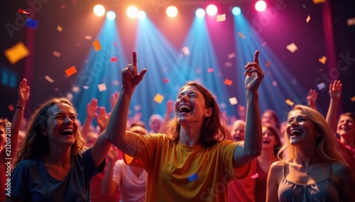 Laughing figures, confetti, ecstatic expressions, bright stage, concert, fun, event
