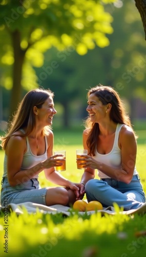Laughing friends enjoying park picnic, sunny day, blanket, blue