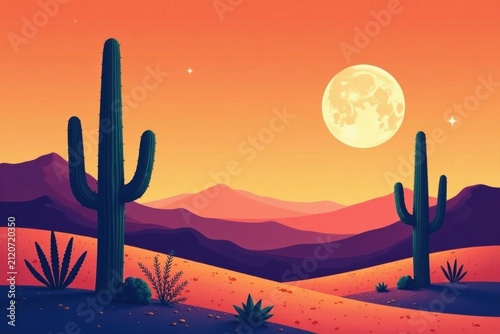 Minimalist cacti & moon in warm desert tones Vector illustration set , aesthetic, stylish