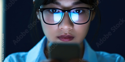 Young Asian woman using smartphone at night. Female professional browsing mobile phone with blue light glasses in dark setting.