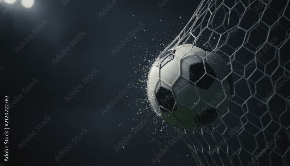Fototapeta premium Soccer ball hitting the goal net during night match