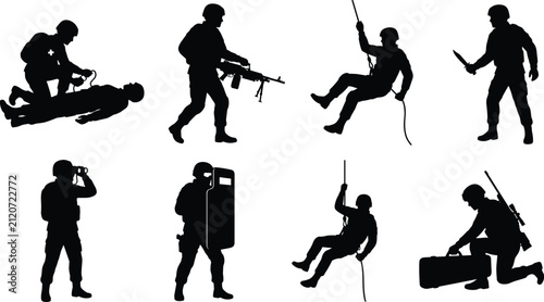 Konstfotografi Military Soldier and Special Forces Tactical Action Black Silhouette Vector Icon