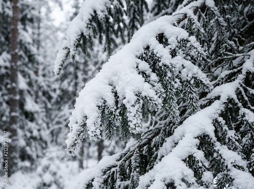 Close up of snow covered pine tree branches in a winter forest.