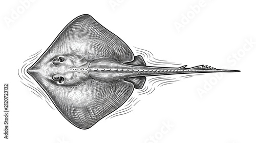 Vintage engraving style illustration of a stingray fish swimming in water