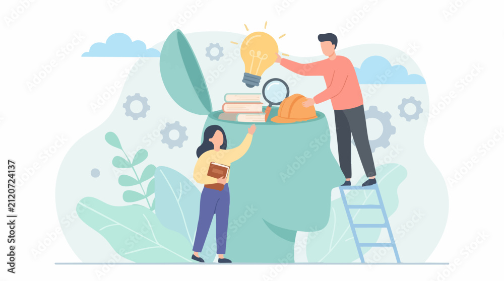 Obraz premium People developing ideas and knowledge in an open human mind concept