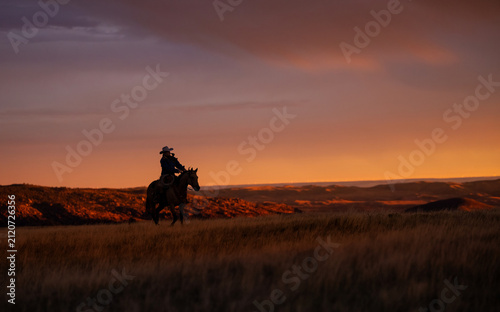 Konstfotografi Cowgirl on horse Golden hour sunrise sunset