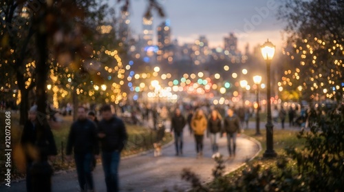 People walking through a park illuminated by festive holiday lights at dusk.