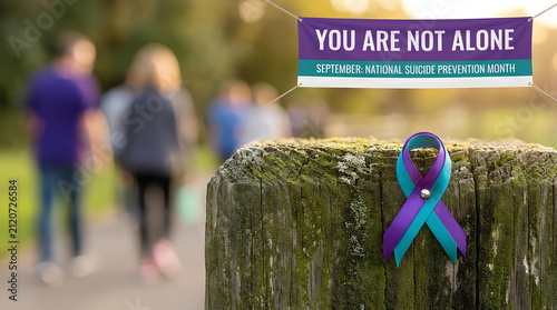 Suicide prevention ribbon on wooden post with banner.