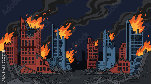 Quadro su tela Post-apocalyptic cityscape with burning skyscrapers and rubble at night