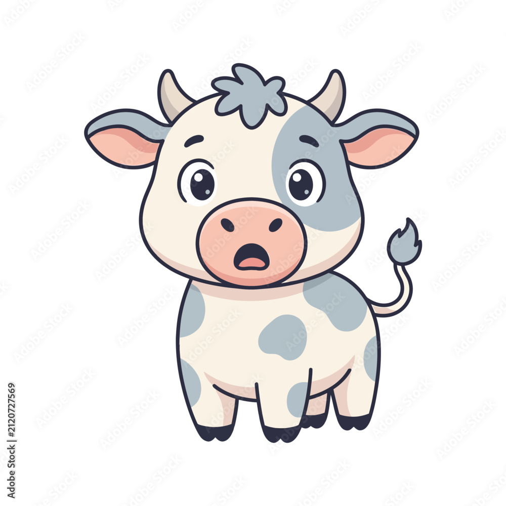 Fototapeta premium Cute surprised baby cow cartoon illustration with blue spots
