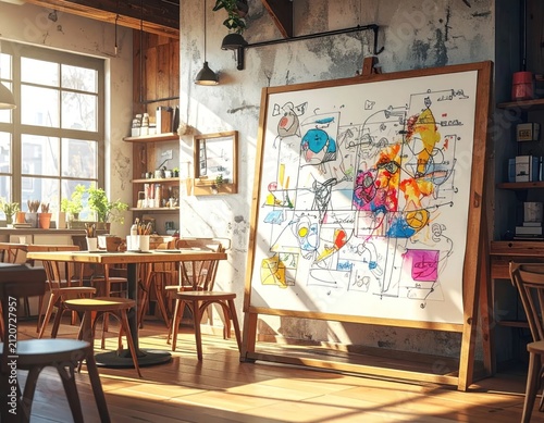 Creative art studio with abstract painting on easel.